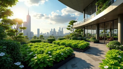 Urban rooftop garden with lush green plants, modern architecture, and city skyline at sunset	
