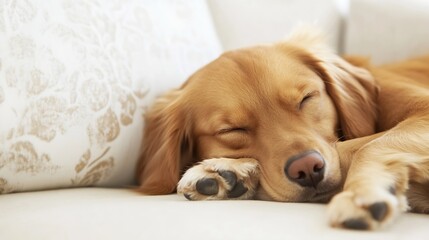 Adorable golden retriever puppy sleeping peacefully on a cozy sofa in a stylish living room : Generative AI