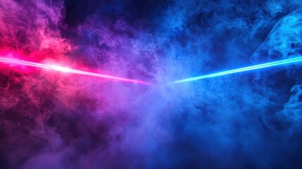 Naklejka premium A neon-drenched concert scene with bold red and blue lasers piercing through thick clouds of smoke
