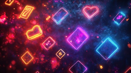 A vibrant abstract background with neon gaming symbols, abstract pixel art, and light streaks