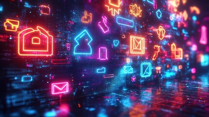 A vibrant abstract background with neon gaming symbols, abstract pixel art, and light streaks