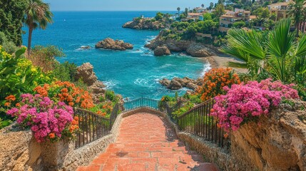 Coastal Steps to Beach, Flowers, Mediterranean