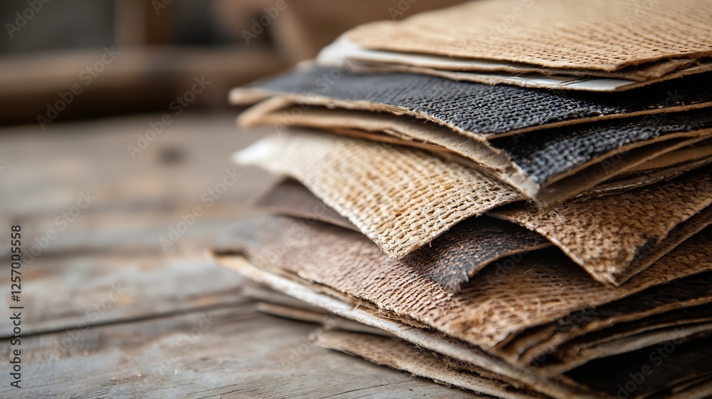 Poster Stacked varied textured sheets of paper on a rustic wooden table for crafting or design : Generative AI
