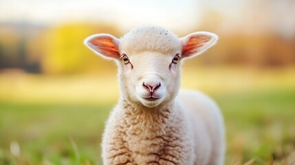 Adorable baby sheep looking curiously at the camera in a lush green field : Generative AI