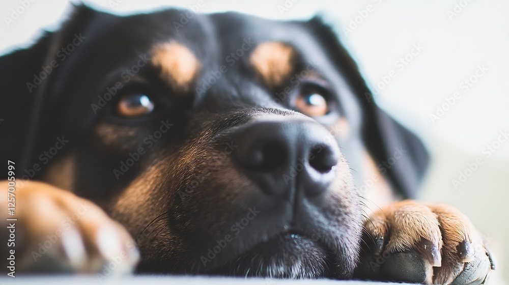 Poster Closeup portrait of a relaxed and contemplative dog resting its head on a surface with soft focus on eyes : Generative AI