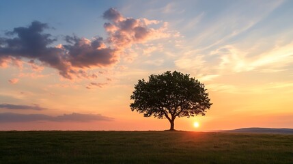 Stunning sunset over a solitary tree silhouetted against a colorful sky with clouds and vibrant hues : Generative AI