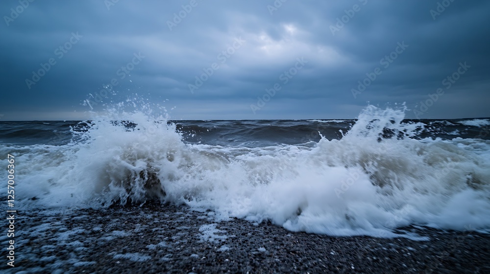 Poster Dynamic Waves Crashing on a Pebbly Shore Amidst a Gloomy Sky with Dramatic Clouds : Generative AI