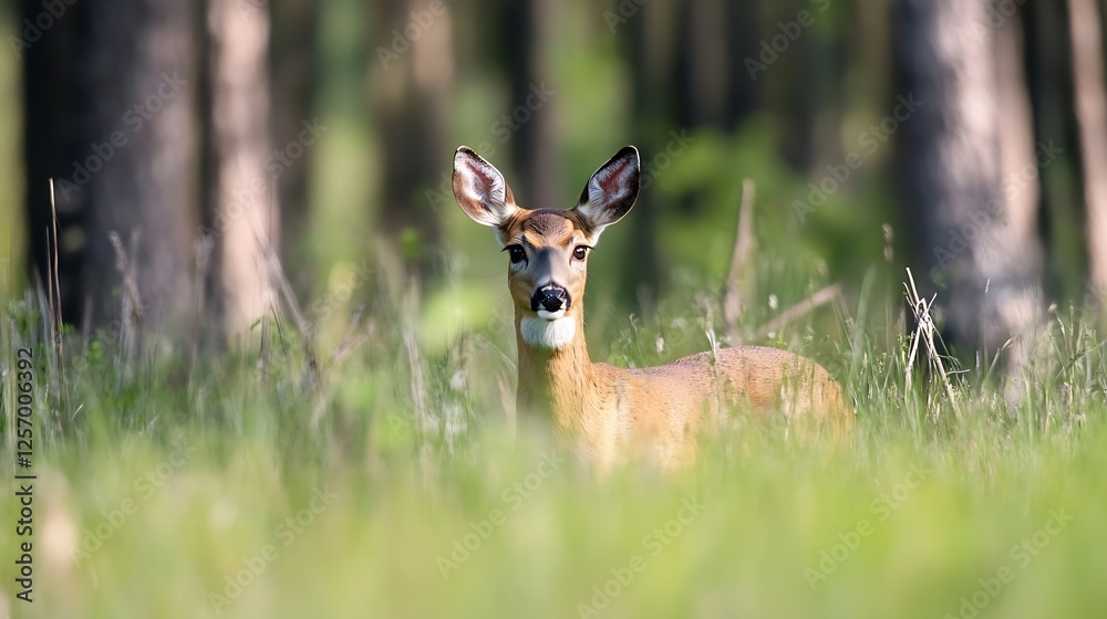 Poster graceful deer peeking through lush green grass in a serene forest environment : generative ai