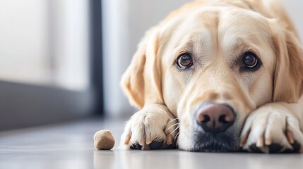 Adorable golden retriever dog resting peacefully with expressive eyes on a cozy indoor surface : Generative AI