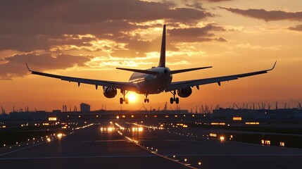 Commercial airplane landing during golden hour with dramatic sunset sky and runway lights visible : Generative AI