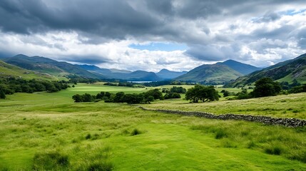 Breathtaking Landscape View of Rolling Green Hills Under Dramatic Cloudy Sky : Generative AI