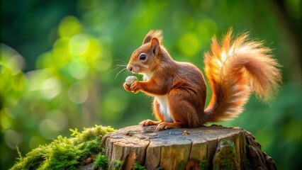 Squirrel Holding Nut on Tree Stump in Lush Green Forest Setting