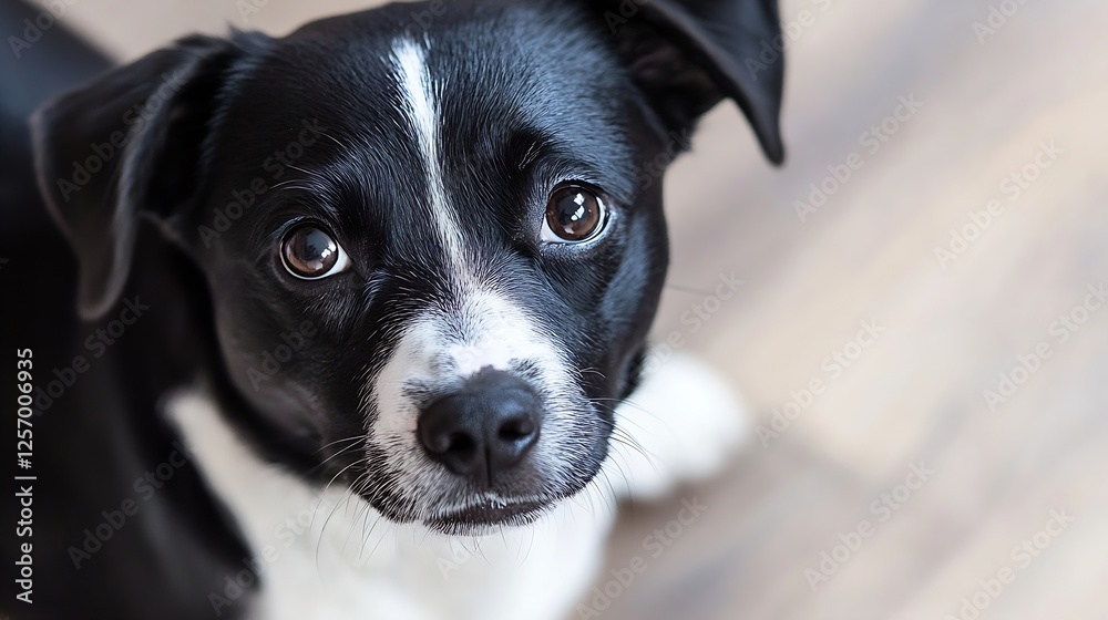 Poster adorable black and white puppy looking curiously at the camera indoors in a cozy setting : generativ