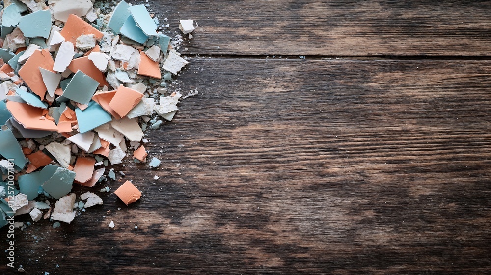 Poster colorful broken ceramic pieces scattered on a rustic wooden surface creating a textured abstract bac