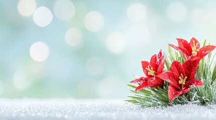 Festive red poinsettias on snowy branches, bokeh background. Holiday greeting card