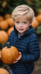Fototapeta premium A young boy proudly holds a pumpkin in a pumpkin patch filled with autumn colors