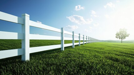 Fototapeta premium A picturesque landscape with vibrant green grass meeting a white fence under a flawless blue sky. Crisp and detailed.