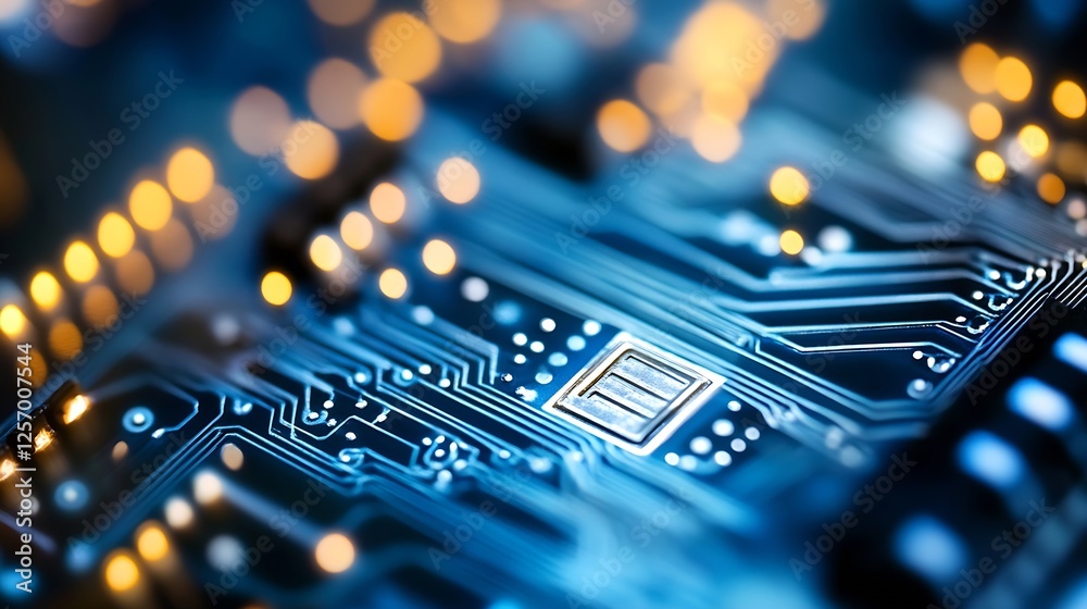 Aufkleber Close Up Image of a Complex Computer Circuit Board with Colorful Lights : Generative AI