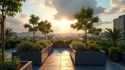 Modern urban rooftop garden with potted trees and plants overlooking the city skyline at sunset	