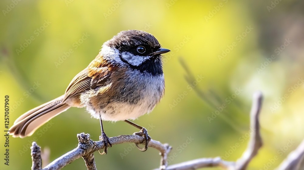 Poster a small bird perched on a branch with a blurred green background showcasing wildlife and nature : ge