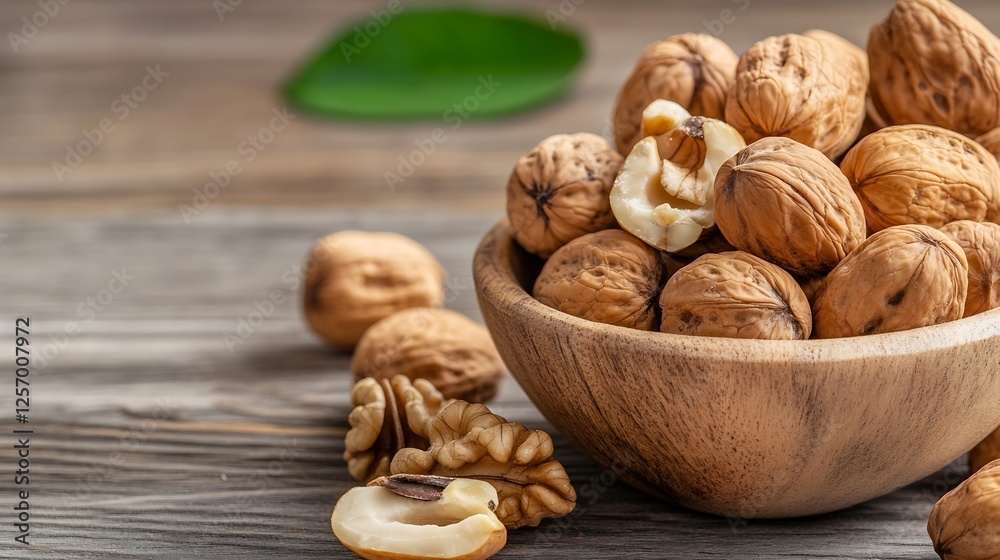 Aufkleber Mix of healthy nuts including walnuts and hazelnuts in a wooden bowl on rustic table : Generative AI