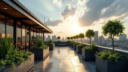 Obraz premium Modern urban rooftop garden with potted trees and plants overlooking the city skyline at sunset 