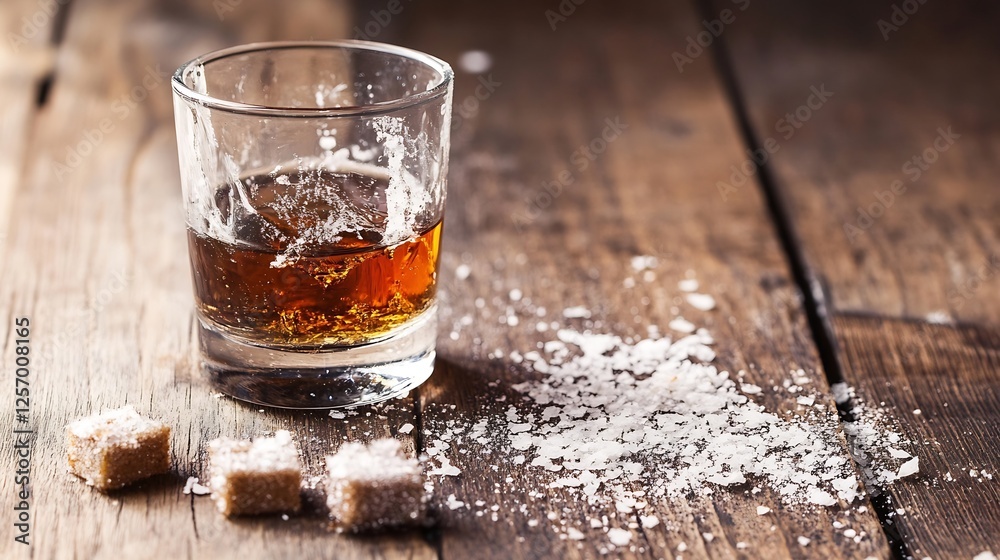 Aufkleber whiskey glass with ice and sugar cubes showcasing rich color on rustic wooden table : generative ai