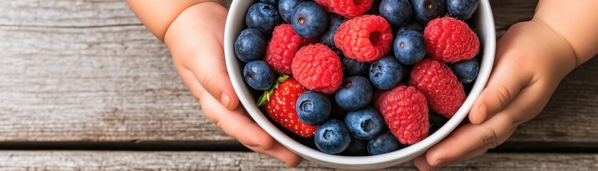 A child"s hands hold a bowl filled with vibrant raspberries and blueberries, resting on a wooden surface.