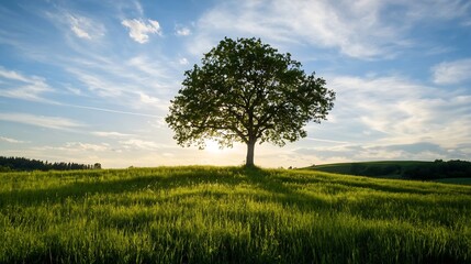 Majestic lone tree standing tall amidst a vibrant green field under a scenic blue sky : Generative AI