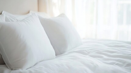 Bright and airy bedroom scene featuring fluffy white pillows on a soft bed creating a serene atmosphere : Generative AI