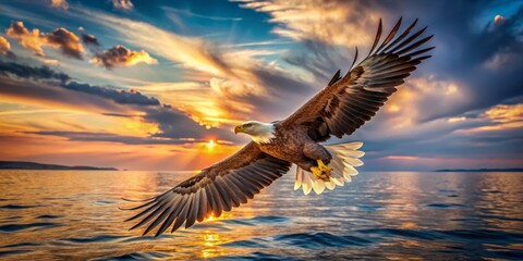 Fototapeta premium Majestic Eagle Soaring Over Tranquil Sunset Waterscape
