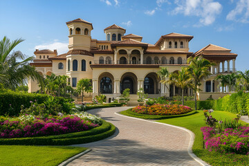 Fototapeta premium A grand home with intricate architecture, lush gardens, and colorful flowers surrounding it. The beautiful structure is captured under a sunny blue sky, reflecting luxury and elegance.