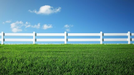Fototapeta premium A pristine field of bright green grass meeting a white wooden fence, under a sky so clear and blue it feels infinite.