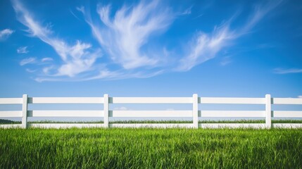 Fototapeta premium A pristine field of bright green grass meeting a white wooden fence, under a sky so clear and blue it feels infinite.