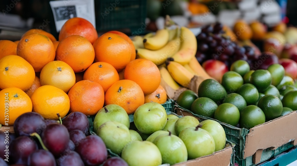 Poster variety of fresh fruits including oranges bananas apples and grapes displayed in wooden crates at a 
