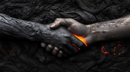 Abstract corporate handshake blending with volcanic elements, symbolizing unity and strength in adversity