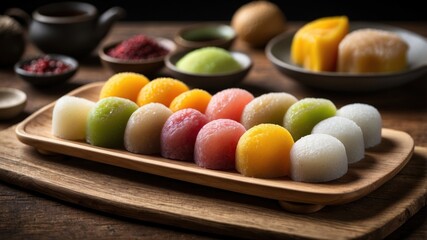 Colorful Sweet Treats on Wooden Platter