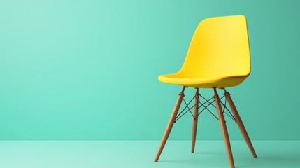 Yellow chair, minimalist room, teal background, interior design