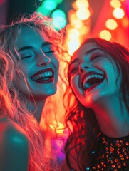 Close up of two friends laughing under the flashing lights of a disco, their faces lit with excitement and joy.