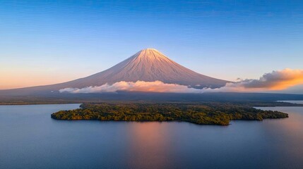 Fototapeta premium Majestic view of a snow-capped volcano at sunrise, surrounded by serene waters and lush greenery