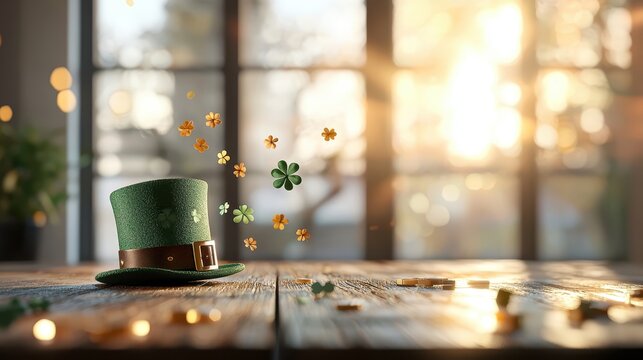 A green leprechaun hat sits on a wooden table, surrounded by floating shamrocks and golden coins, illuminated by warm sunlight.