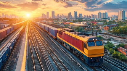 Fototapeta premium Freight train sunset city logistics transport