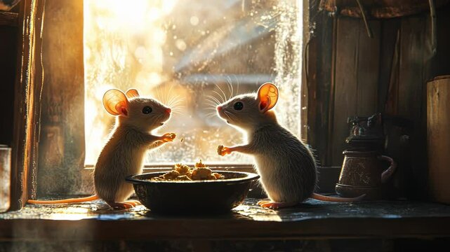 Two adorable mice share food in a sunlit, cozy kitchen setting.
