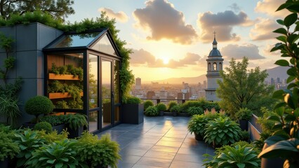 Fototapeta premium Urban rooftop garden with lush green plants and city skyline view at sunset 