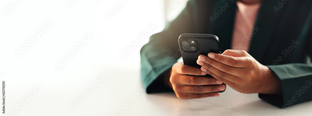 Aufkleber Internet, online and hands typing with smartphone for user experience, mockup space or scrolling website. Banner, person and phone for reading survey post, streaming service or mobile app information