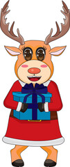 Cute Reindeer In Santa Dress With Gift Vector