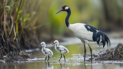 Naklejka premium Adult crane stands protectively beside two fluffy chicks in a serene wetland environment