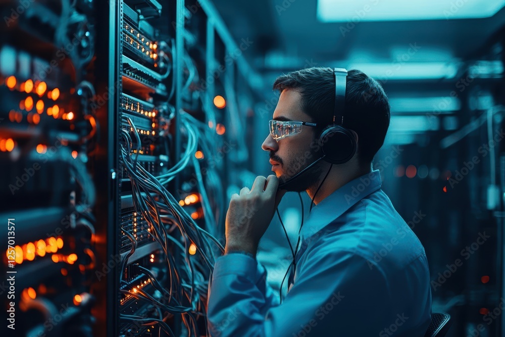 Poster man wearing blue shirt and headphones working on computer at desk with focused expression and modern