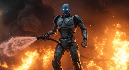 Naklejka premium a powerful AI robot fighting a raging fire