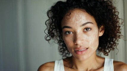 The video captures a close-up of a woman with vitiligo, emphasizing natural beauty and diversity, using a straight-on camera angle.